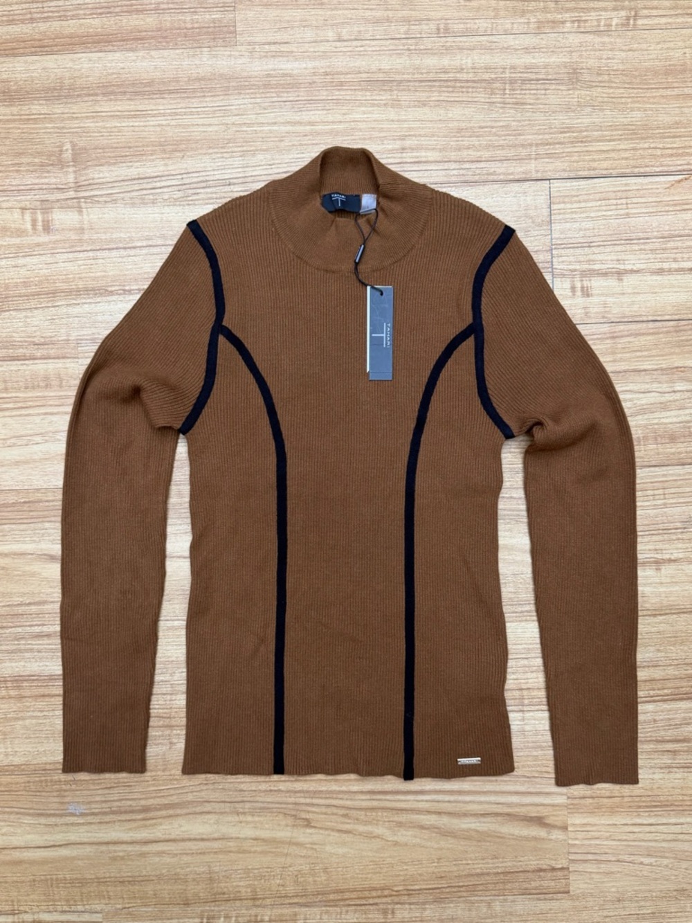 Tahari Mock Neck Ribbed Knit Sweater Size L Mocha Brown Black Contrast Trim NWT